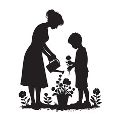 Mother and Child Gardening Silhouette Illustration with Watering Can