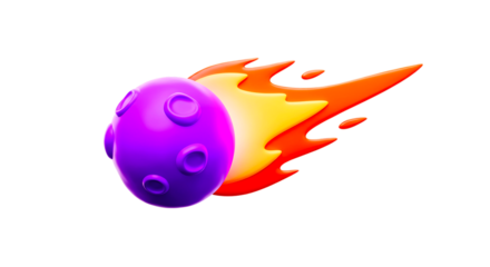 A purple planet with craters and a fiery tail trailing behind it on a black background image