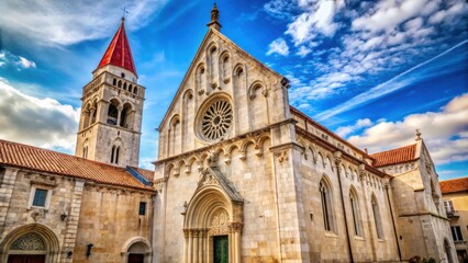 Gothic architectural details on Cathedral St Lawrence in Trogir Croatia , historical buildings, stained glass windows