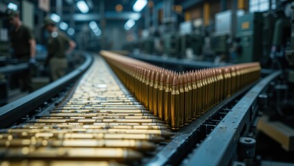 Ammunition Production Line with Rows of Bullets on Conveyor Belt in Modern Manufacturing Facility