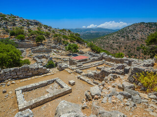 Looking down at ruins of the Political Office at the ancient city site (Ancient City of Lato, Kritsa, Crete, Greece)