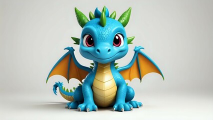 Fototapeta premium Adorable cartoon baby dragon, blue and orange wings, sitting. Perfect for children's books, games, and fantasy projects.