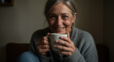 Senior woman with genuine smile holding white coffee mug in soft light. Morning ritual providing comfort and emotional stability for healthy aging and mindful living