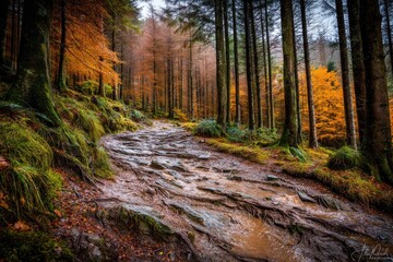 Obraz premium Autumn Path Through Woods Nature's Tranquil Embrace