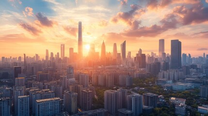 Fototapeta premium Vibrant sunset over a sprawling metropolis skyline