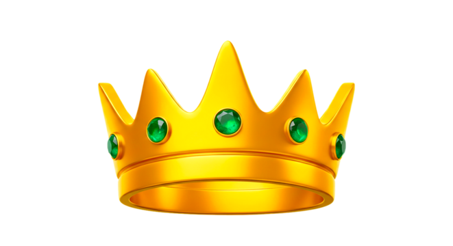 A golden crown with green gems isolated on a black background in a studio setting with lighting