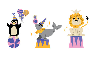 A scene of playful circus animals in colorful party hats and balloons enhancing the festivity