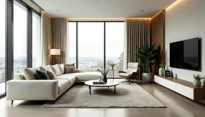 Fototapeta premium Modern minimalist living room with large window, comfortable sofa, and stylish decor , architecture, living room, artwork
