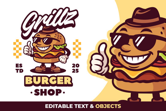Cheese Burger Retro Mascot Logo for Hamburger Shop and Cafe. Cartoon Character Vector Illustration in Vintage Style