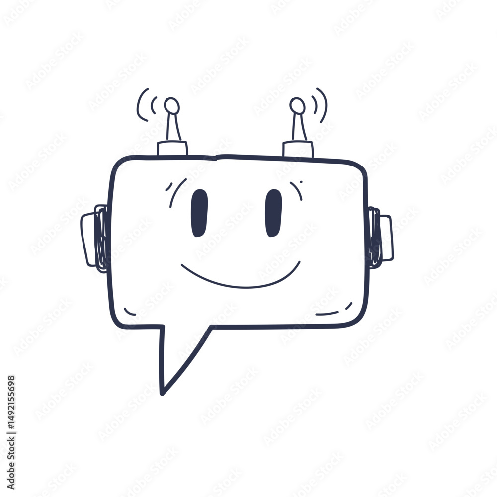 Poster a friendly robot face with antennas and a speech bubble, symbolizing communication and ai.
