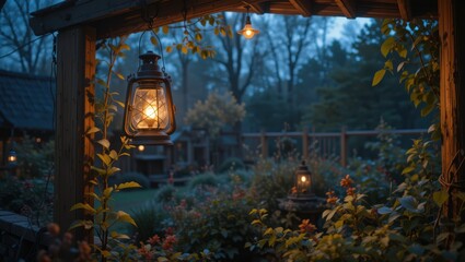 Charming Backyard Lantern Glowing Amidst Lush Garden During Twilight Evening in Nature