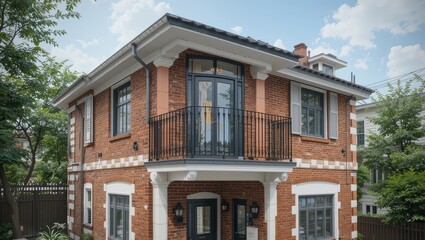Fototapeta premium Charming Brick House with Balcony and Greenery Under a Clear Blue Sky