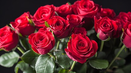 Fototapeta premium Photograph of a vibrant collection of red roses against a dark background.