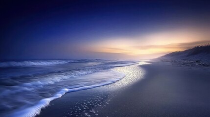 Fototapeta premium Serene twilight beach scene; waves gently lapping shore