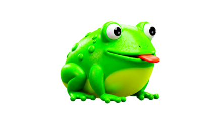 A cartoon green frog with bulging eyes and tongue sticking out on a black background is isolated