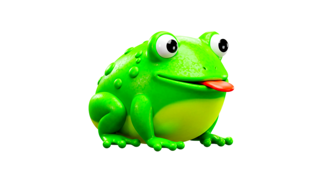 A cartoon green frog with bulging eyes and tongue sticking out on a black background is isolated
