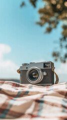 Vintage camera resting on a picnic blanket in the grass perfect for nostalgic travel stories and outdoor lifestyle content