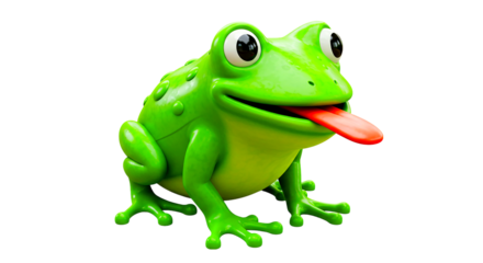 A bright green cartoon frog with bulging eyes and its tongue sticking out against a black background
