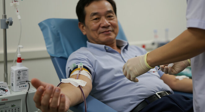 Asian senior man smiling while donating blood with medical professional assisting in clinic. Healthcare procedure supporting medical needs and demonstrating community service
