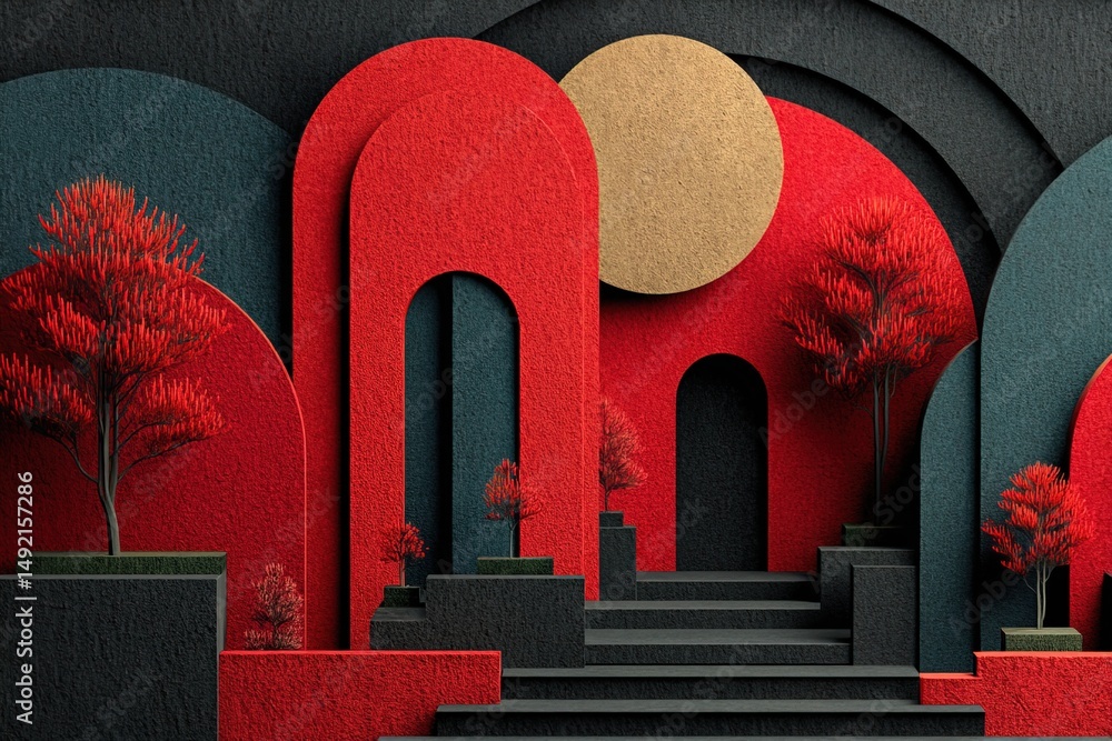 Aufkleber abstract minimalist background featuring geometric shapes and red trees in a tranquil setting