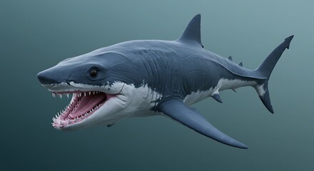 Fototapeta premium Shark Swimming with Open Mouth Showing Teeth in Dark Blue Water