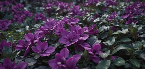 Close-up of vibrant purple petals, lush leaves ,  photography,  vibrant,  design