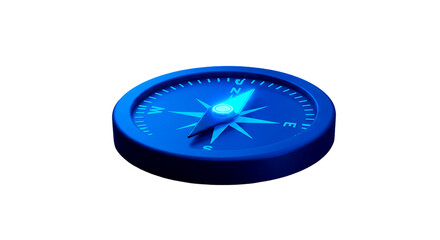 A close up of a blue compass with a needle pointing north on a black background with soft lighting