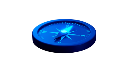 A close up of a blue compass with a needle pointing north on a black background with soft lighting