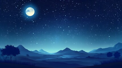 Digital illustration depicts a serene night landscape with mountains, a full moon, and scattered stars.