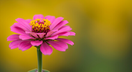 Obraz premium zinnia, flower, pink, Pink Zinnia Flower Close-up on Yellow Background