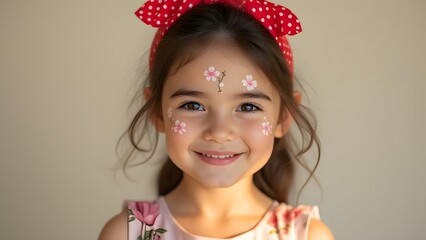 Adorable Girl with Flower Face Paint and Red Polka Dot Headband