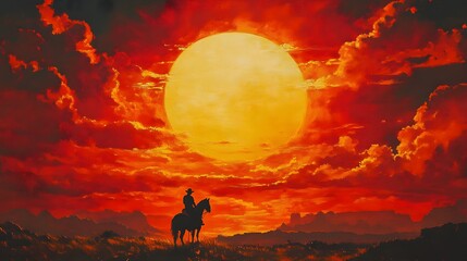 Fototapeta premium Digital illustration of a lone cowboy silhouetted against a dramatic, fiery sunset sky.