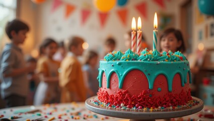 Colorful Birthday Cake with Candles Surrounded by Children at a Festive Celebration Inside