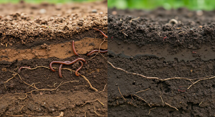 Red earthworms in dark soil cross-section with visible layers and plant roots. Soil ecology showing natural composting process and healthy biodiversity for organic farming and garden fertility