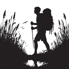 Silhouette Hiker Trekking Through Nature Landscape Vector Illustration Graphic