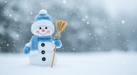 Fototapeta premium Cute Snowman with Broom in Snowfall