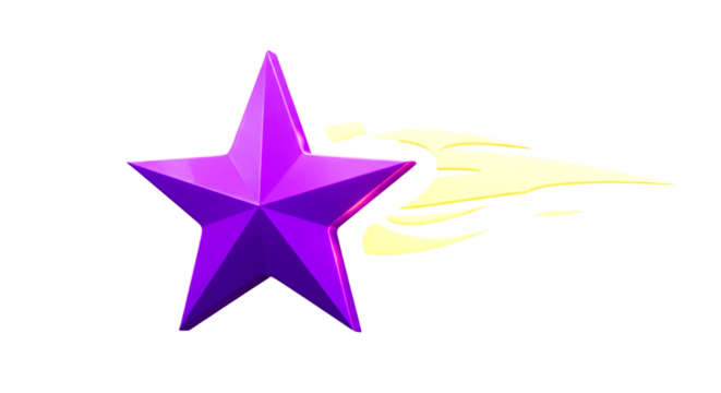 A purple star with yellow light trails on a black background in a digital rendering style design