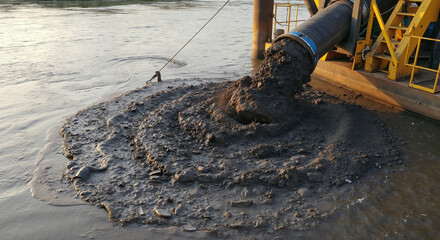 Large pipe discharging dredged sediment into river at sunset with visible slurry flow. Hydraulic dredging process for waterway maintenance and river restoration in environmental management