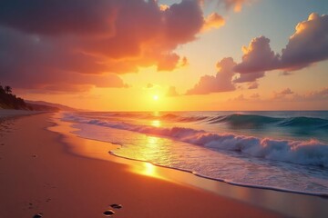 Stunning sunset over a tranquil beach, golden light reflecting on the sand and waves , serene, panorama