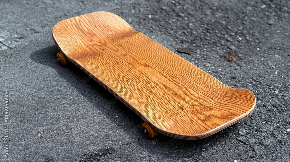 Poster empty skateboard deck placed on asphalt, ready for customization.