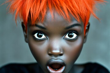 Lovely very stunned black girl - for ads, poster and social networks use. Short trim - red hair. Commercial marketing creative art. Elegant african portrait. Stylish hair campaign.