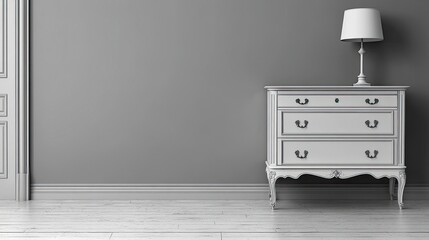White commode with lamp against gray wall, wood floor, door frame. Great for ads, interior design mockups, or home decor visuals.