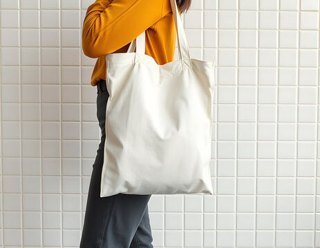 Person in mustard yellow sweater carrying a blank white tote bag against a white tile wall
