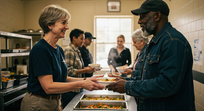 Female volunteer serving hot meal to African American man in community shelter kitchen with other people in line. Food assistance program providing nutritional support for vulnerable populations