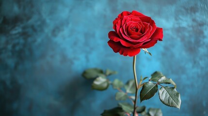 Fototapeta premium Vibrant red rose against teal backdrop