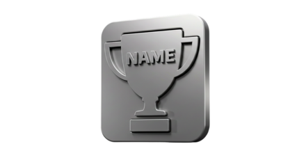 A silver trophy icon with the word name on it against a black background in a studio shot