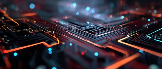 High-resolution 2D illustration of an abstract futuristic electronic circuit background featuring glowing neon traces, intricate digital pathways, and seamless mesh design for cutting-edge technology.