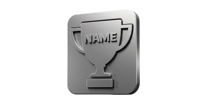 A silver trophy icon with the word name on it against a black background in a studio shot