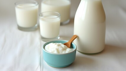 Creamy Yogurt with Milk in Glass and Bottle