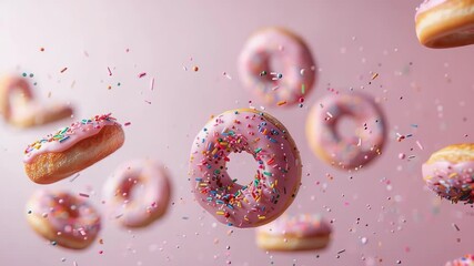 donuts falling on a light background. Selective focus